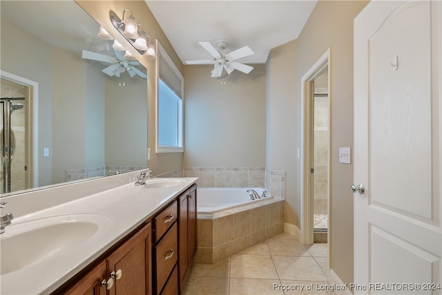 bathroom with ceiling fan, tile patterned flooring, vanity, and independent shower and bath