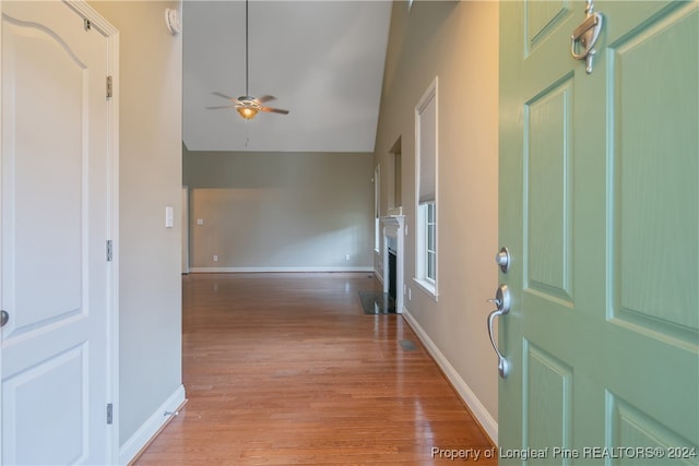 entryway featuring ceiling fan and light wood-type flooring