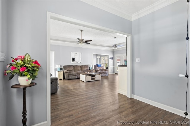 living room featuring ceiling fan, crown molding, dark wood-type flooring, and a textured ceiling