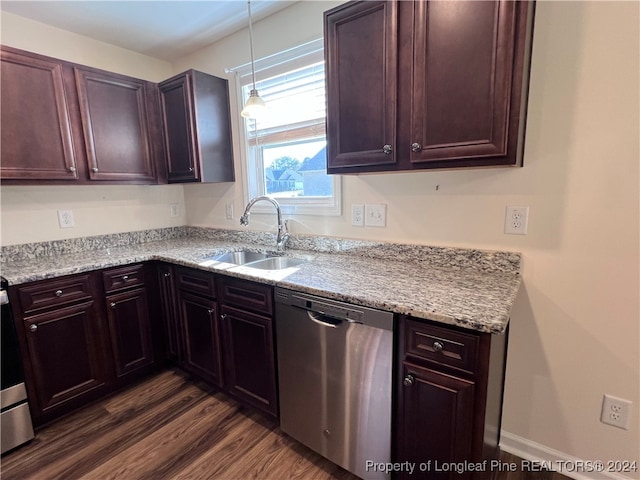 kitchen with dark brown cabinets, hanging light fixtures, dishwasher, dark wood-type flooring, and sink