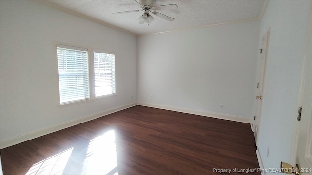 unfurnished room with dark hardwood / wood-style flooring, ornamental molding, a textured ceiling, and ceiling fan