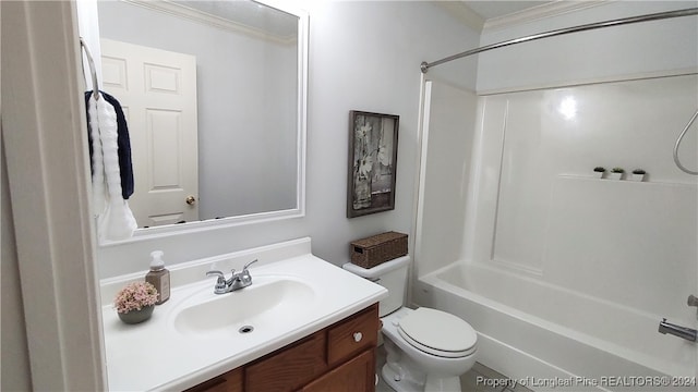 full bathroom with toilet, bathtub / shower combination, vanity, and crown molding