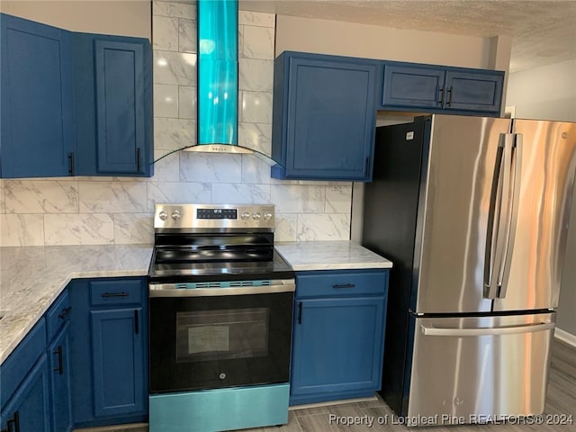 kitchen featuring stainless steel appliances, dark wood-type flooring, and blue cabinets