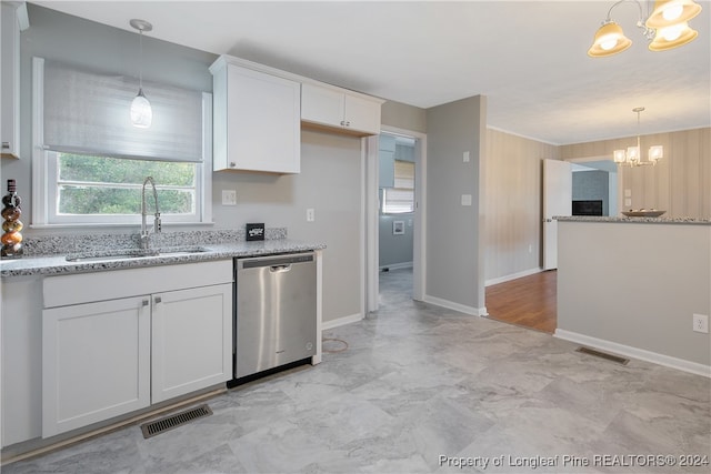 kitchen with white cabinetry, dishwasher, an inviting chandelier, and sink