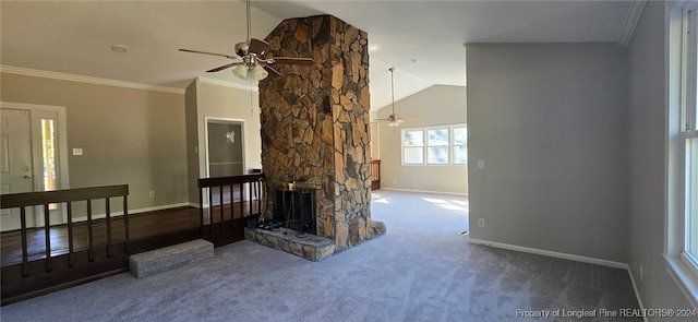 living room featuring carpet flooring, ornamental molding, ceiling fan, high vaulted ceiling, and a fireplace