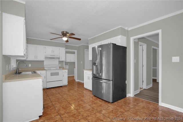 kitchen featuring electric range, white cabinetry, stainless steel fridge with ice dispenser, and sink