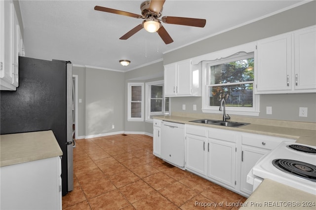 kitchen with white cabinetry, sink, crown molding, white appliances, and light tile patterned flooring