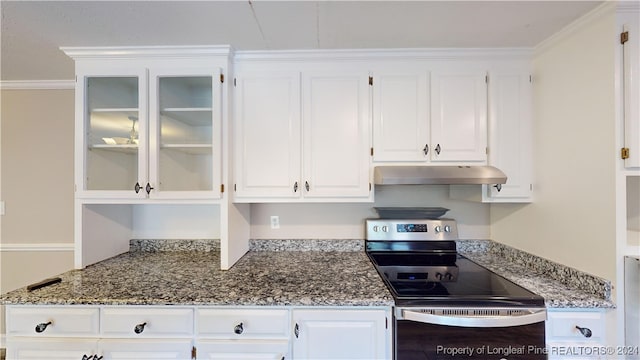 kitchen featuring white cabinets, stainless steel electric range, and crown molding