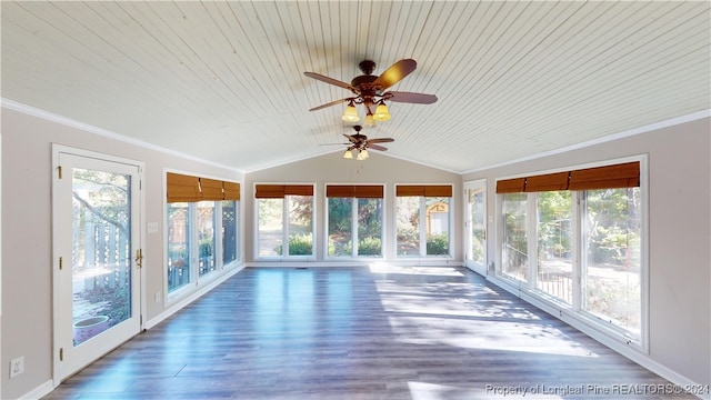 unfurnished sunroom with wood ceiling, vaulted ceiling, plenty of natural light, and ceiling fan