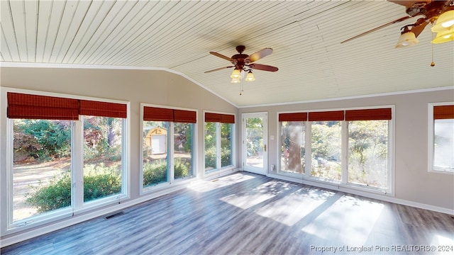 unfurnished sunroom with ceiling fan, lofted ceiling, and wood ceiling