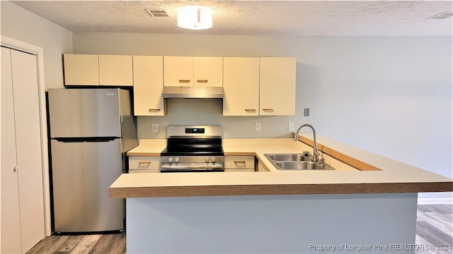 kitchen with sink, stainless steel appliances, kitchen peninsula, a textured ceiling, and light wood-type flooring