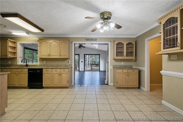 kitchen featuring light tile patterned floors, black dishwasher, ornamental molding, and lofted ceiling