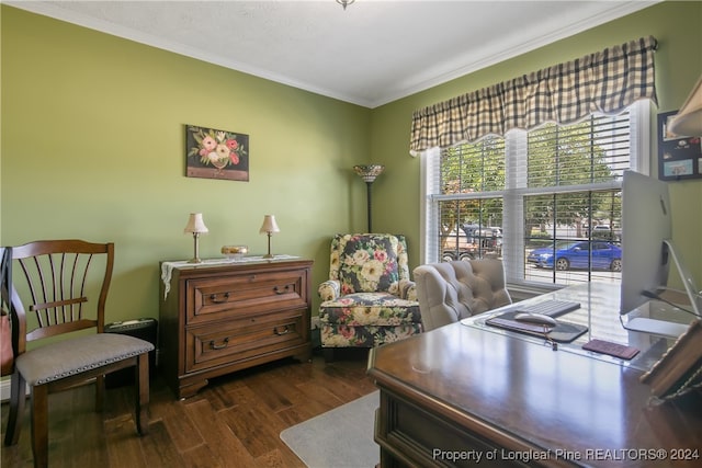 office area featuring dark hardwood / wood-style floors and crown molding