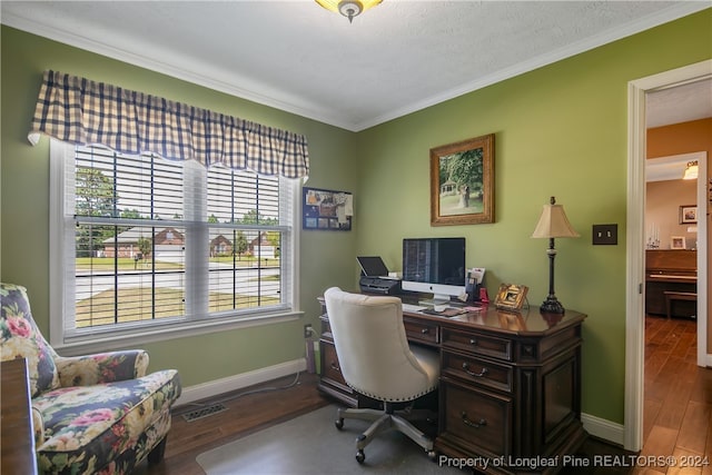 home office with ornamental molding, a textured ceiling, and dark wood-type flooring