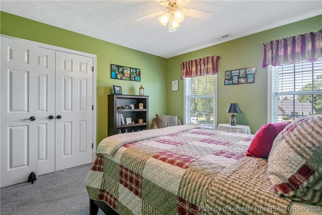 bedroom with carpet, ceiling fan, a closet, and multiple windows