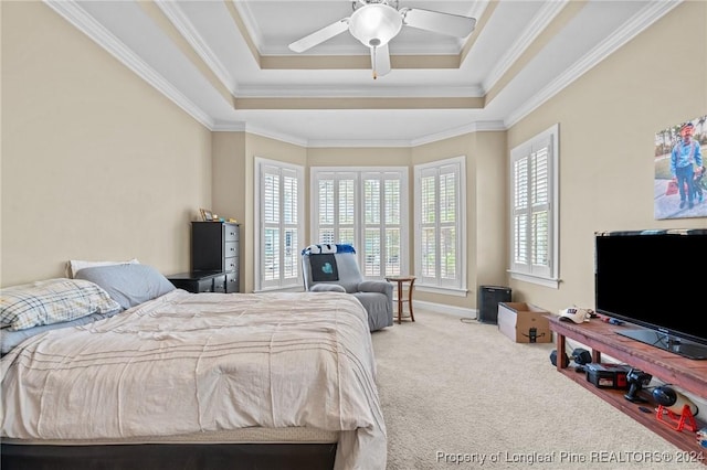 carpeted bedroom with a raised ceiling, ceiling fan, and ornamental molding