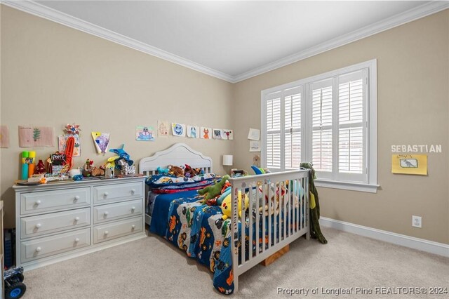 carpeted bedroom with crown molding