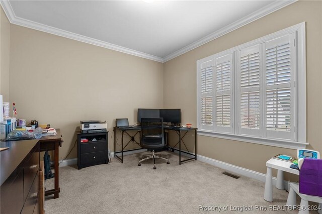 carpeted office with ornamental molding