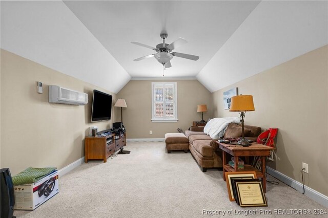 carpeted living room featuring an AC wall unit, ceiling fan, and lofted ceiling