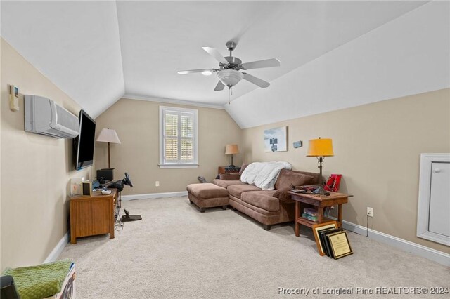 living room featuring ceiling fan, light carpet, and vaulted ceiling