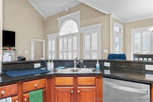 kitchen with sink, stainless steel dishwasher, dark stone countertops, crown molding, and lofted ceiling