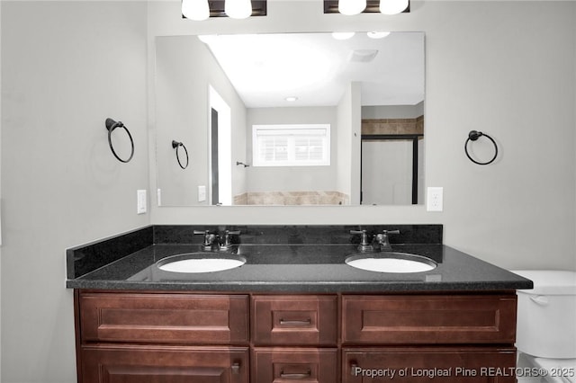 bathroom featuring vanity, toilet, and a shower with door