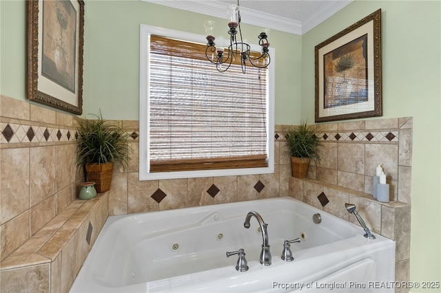 bathroom with crown molding, a bathtub, and an inviting chandelier