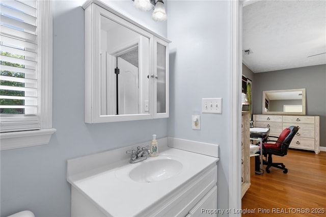 bathroom with vanity, wood-type flooring, and a textured ceiling