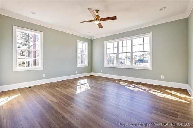 unfurnished room featuring ceiling fan, ornamental molding, and hardwood / wood-style floors