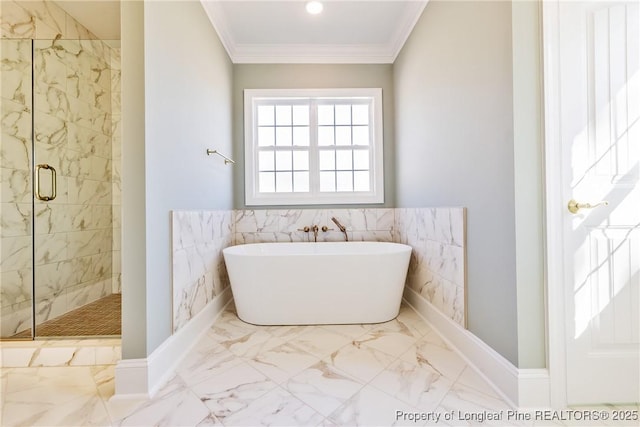 bathroom featuring ornamental molding, shower with separate bathtub, and tile walls