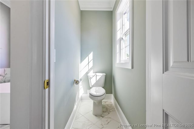 bathroom featuring crown molding and toilet