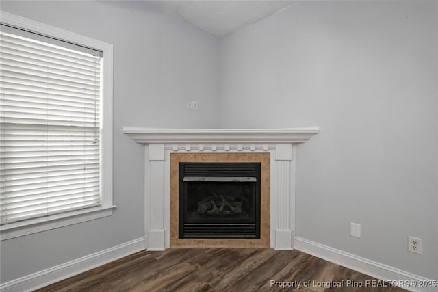 interior details with a tiled fireplace and hardwood / wood-style floors