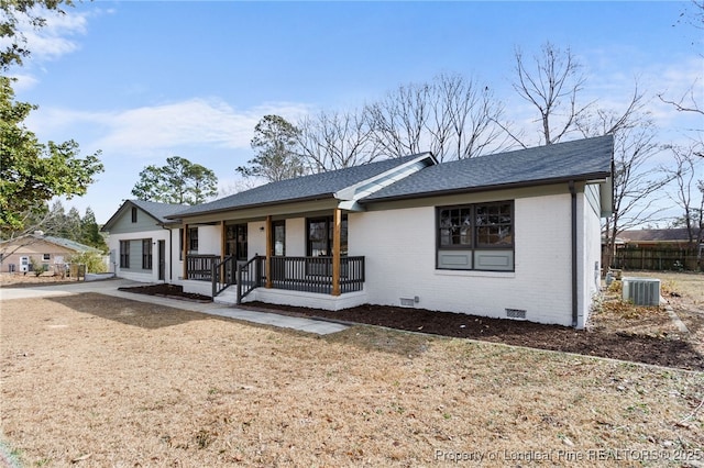 single story home featuring central AC and covered porch