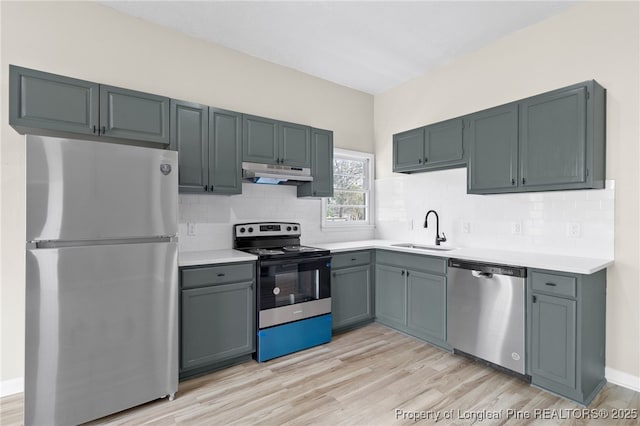 kitchen featuring sink, decorative backsplash, stainless steel appliances, and light wood-type flooring