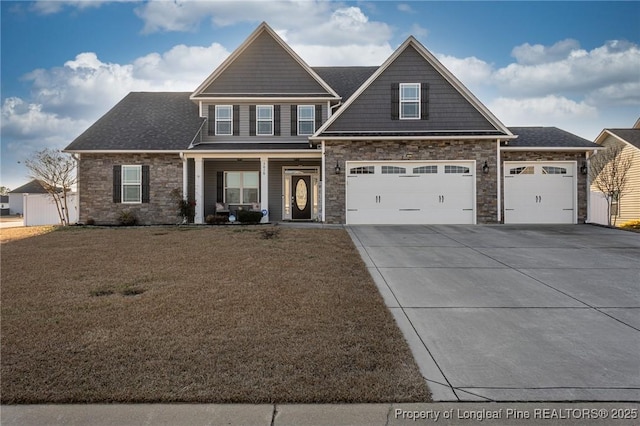 view of front of house with a porch and a front lawn