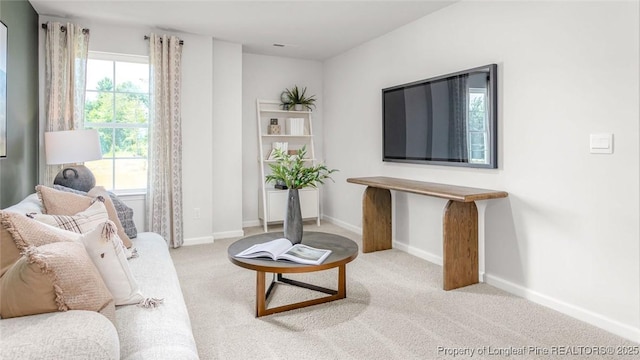 living area featuring light colored carpet