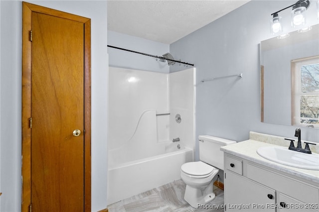 full bath with toilet, vanity, shower / tub combination, and a textured ceiling