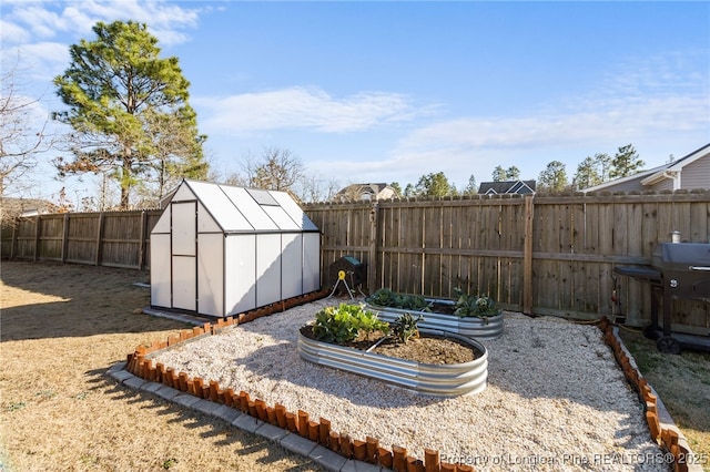 view of yard featuring a storage shed, a garden, a fenced backyard, and an outbuilding