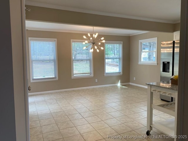 unfurnished dining area featuring light tile patterned flooring, baseboards, crown molding, and an inviting chandelier