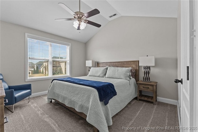 183 Ganton Dr, Raeford, NC 28376 - bedroom featuring visible vents, baseboards, vaulted ceiling, carpet flooring, and a ceiling fan