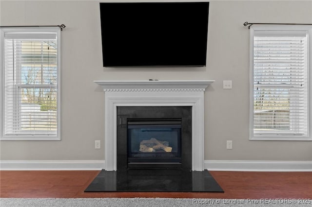 183 Ganton Dr, Raeford, NC 28376 - details featuring a glass covered fireplace, baseboards, and wood finished floors
