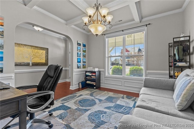 183 Ganton Dr, Raeford, NC 28376 - office featuring wood finished floors, beamed ceiling, visible vents, and arched walkways