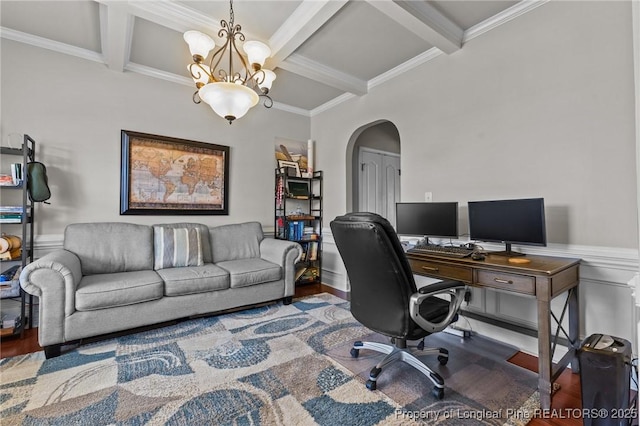 183 Ganton Dr, Raeford, NC 28376 - home office with a notable chandelier, wood finished floors, arched walkways, and coffered ceiling