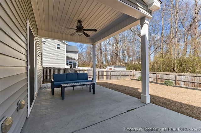 183 Ganton Dr, Raeford, NC 28376 - view of patio / terrace with outdoor lounge area, a fenced backyard, and ceiling fan