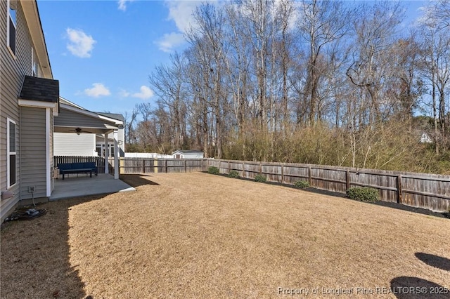 183 Ganton Dr, Raeford, NC 28376 - view of yard featuring a patio, a fenced backyard, and ceiling fan