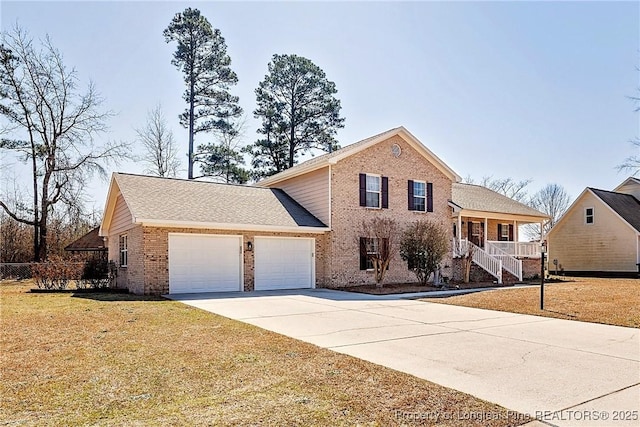 view of front of house featuring a shingled roof, concrete driveway, a front yard, an attached garage, and brick siding