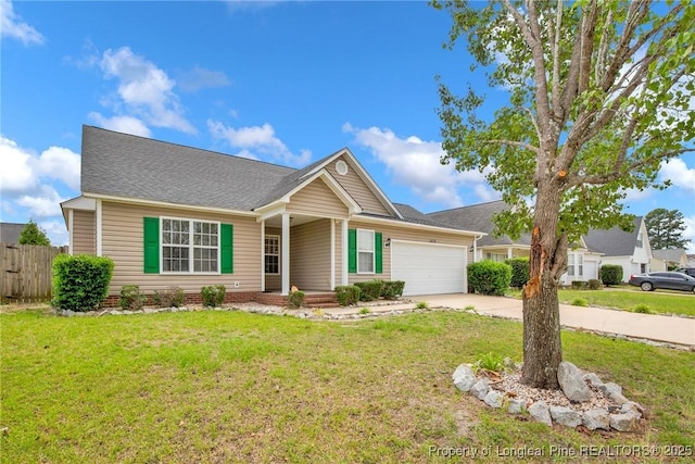 single story home featuring driveway, a garage, and roof with shingles