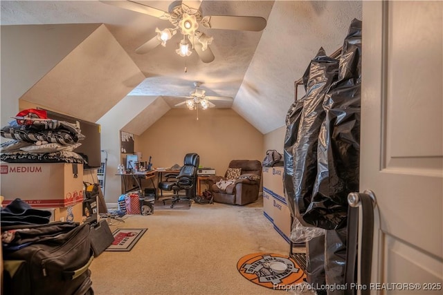 bonus room featuring carpet floors, ceiling fan, and vaulted ceiling
