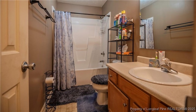 full bath with vanity, shower / bath combo with shower curtain, and toilet