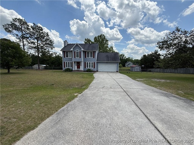colonial-style house with an attached garage, fence, a chimney, a porch, and driveway